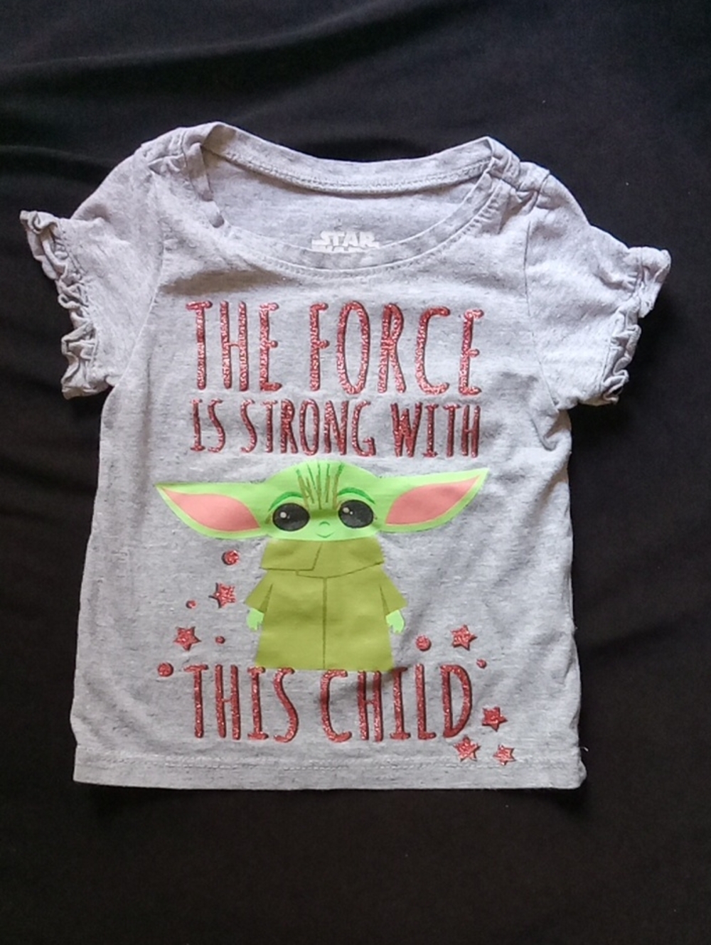 Star Wars Gray Tee with Green & Pink Grogu Graphic and Red Glitter Text